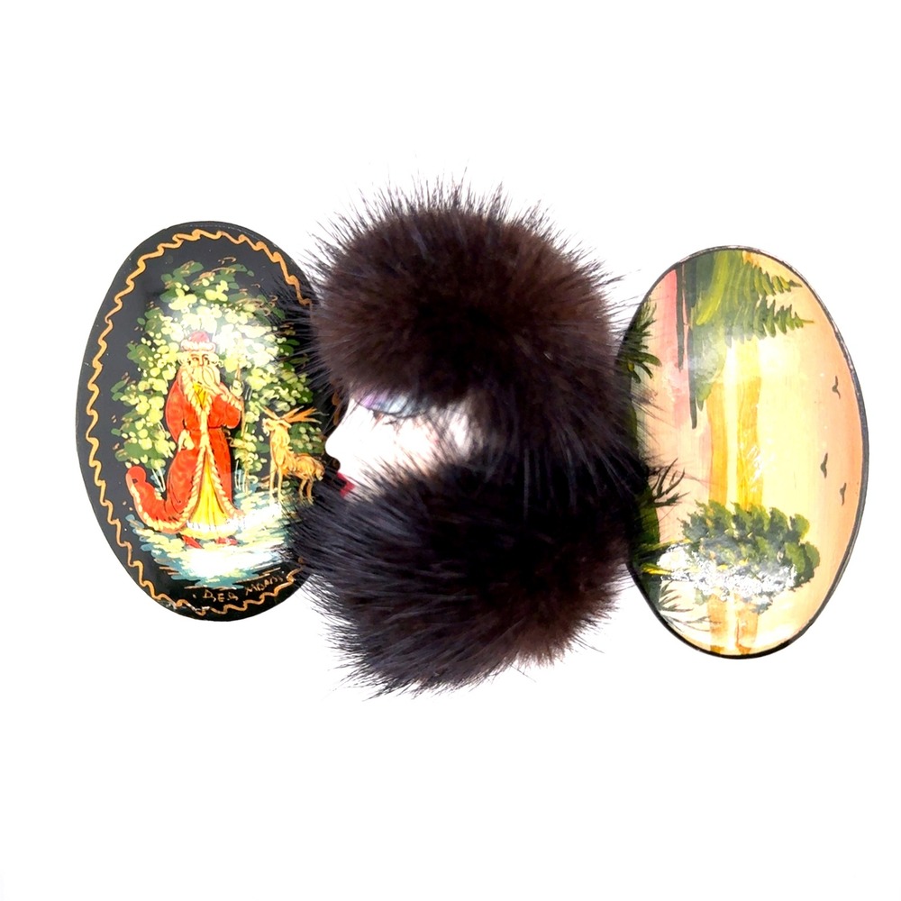 Vintage Brooch Lot Russian Lacquer Hand Painted Pins & Faux Fur Lady Head Pin